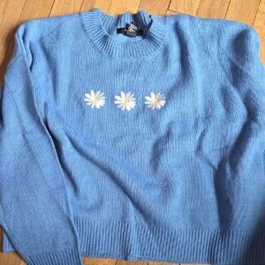 Forever 21 Blue Crewneck Sweater with Daisy Embroidery